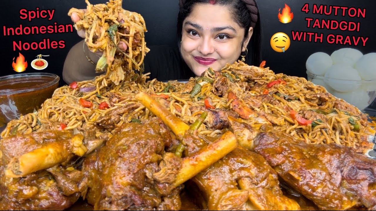SPICY 4 MUTTON TANGDI WITH SPICY GRAVY AND SPICY CHICKEN INDONESIAN NOODLES, BOILED EGGS | MUKBANG