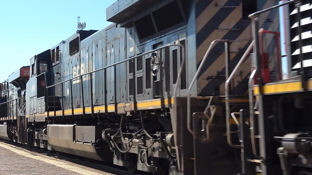 Blue BC Rail Dash 9 on CN Grain Train