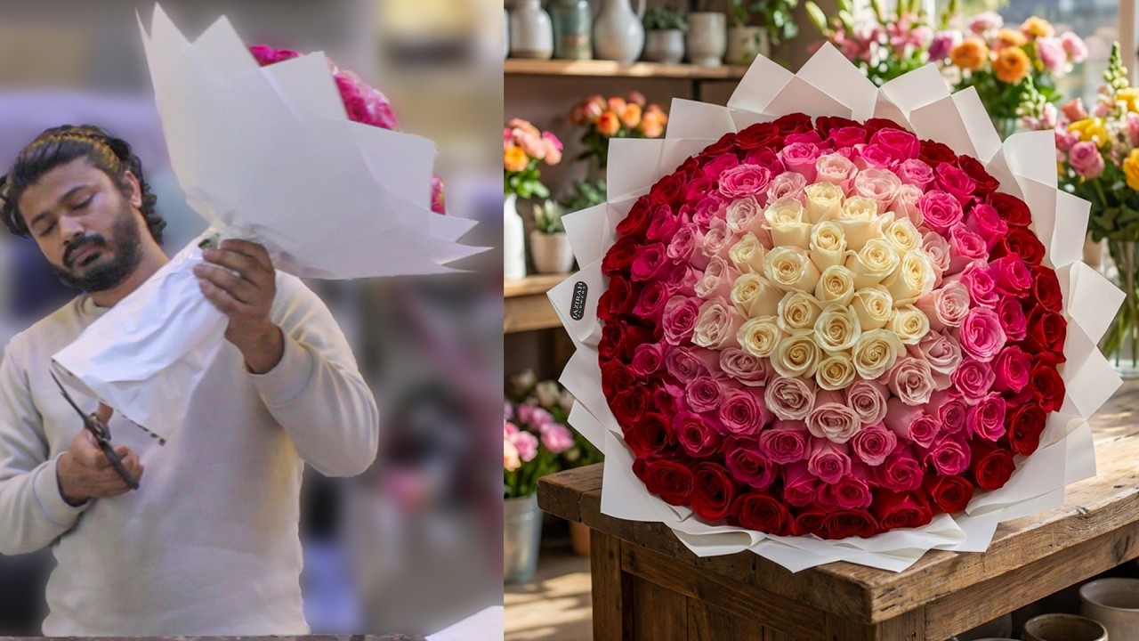 5 Color Ombre Rose Bouquet Step by Step | Professional Round Flower Arrangement