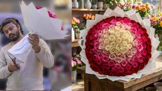 How To Make 5 Color Rainbow Rose Bouquet | Cream White to Red Round Arrangement
