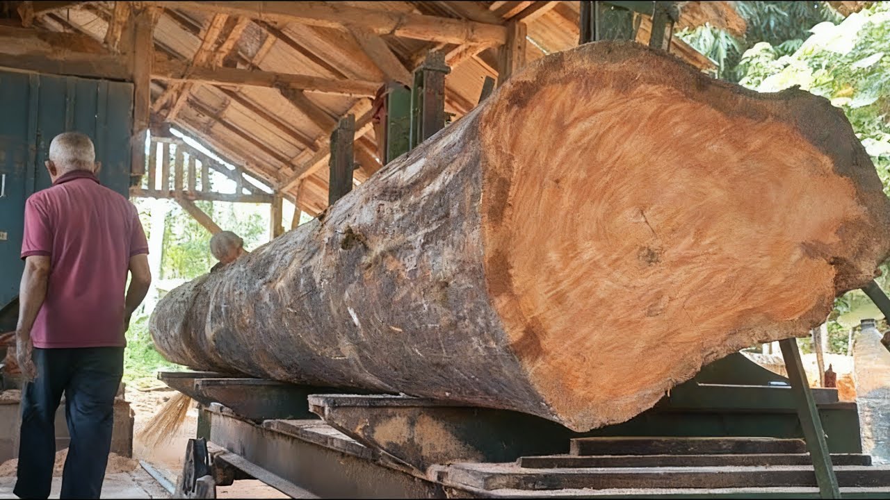 Amazing process!! Sawing super large and dry mahogany wood as raw ...