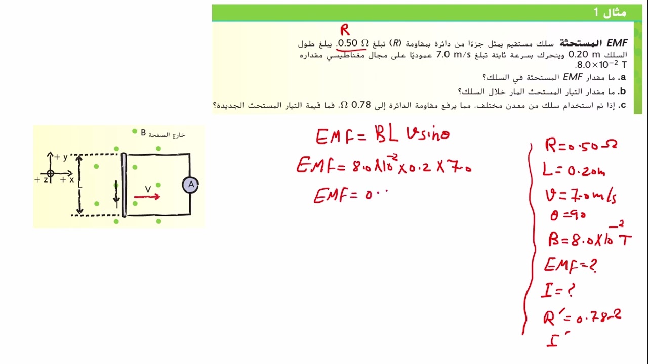 حل مثال 1 من درس الحث الكهرومغناطيسي  فيزياءثاني عشر عام فصل ثالث وعاشر متقدم فصل ثالث