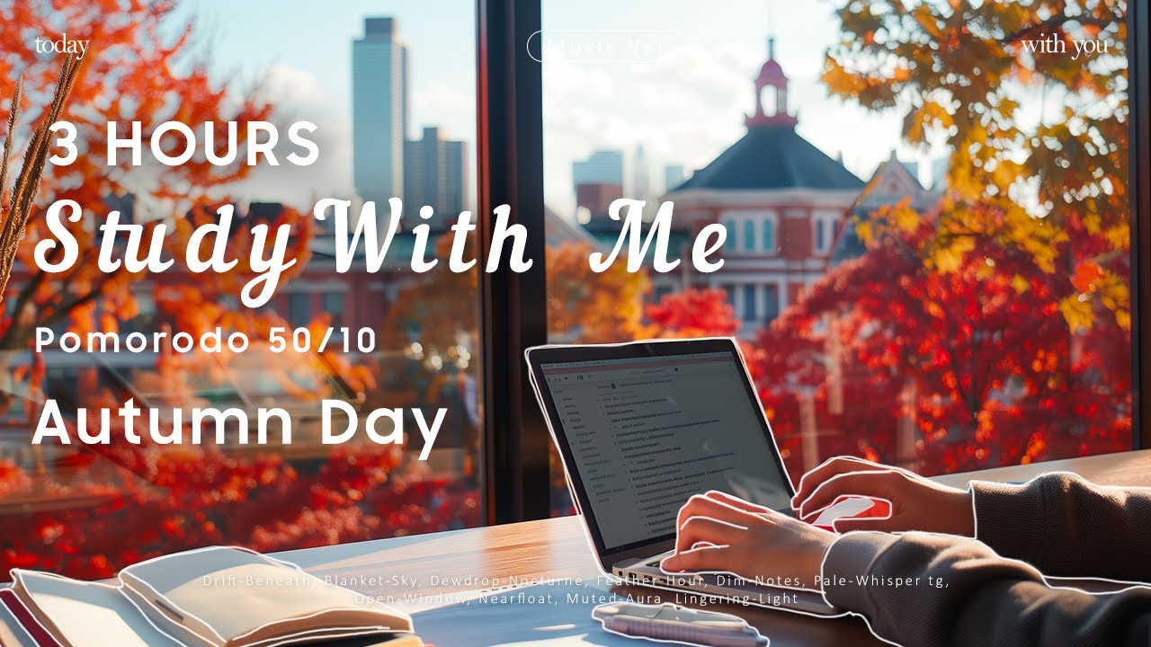 3 -HOUR STUDY WITH ME 🍂 Calm Piano & Wind Pine Tree Ambience 🍃 [50/10 Pomodoro] Today with you!