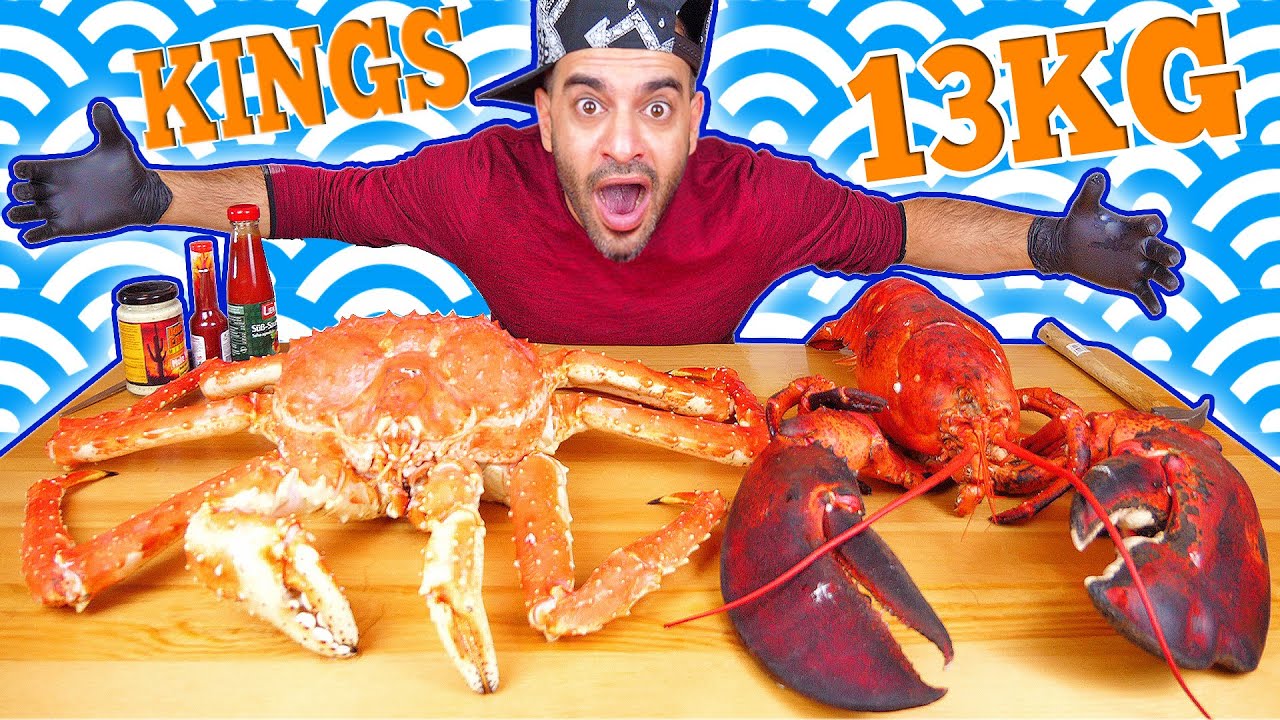 تحدي السلطعون الملك واللوبستر جراد البحر الملك موكبانغ Giant 15lb live Lobster & King Crab Challenge