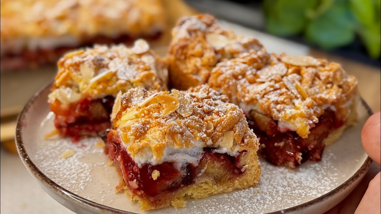 Najprostsze kruche ciasto ze śliwkami i bezową pianką – efekt WOW w 20 minut!🔥🔥🔥