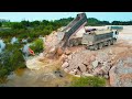 Really Impressing Construction Machines Work, Bulldozer &amp; Dump Truck Dropping Rock Stone To Water