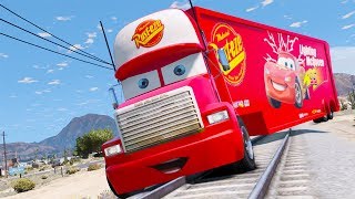 Mack Truck Hauler in Trouble with Train - Disney Cars Crash &amp; Superheroes for Kids