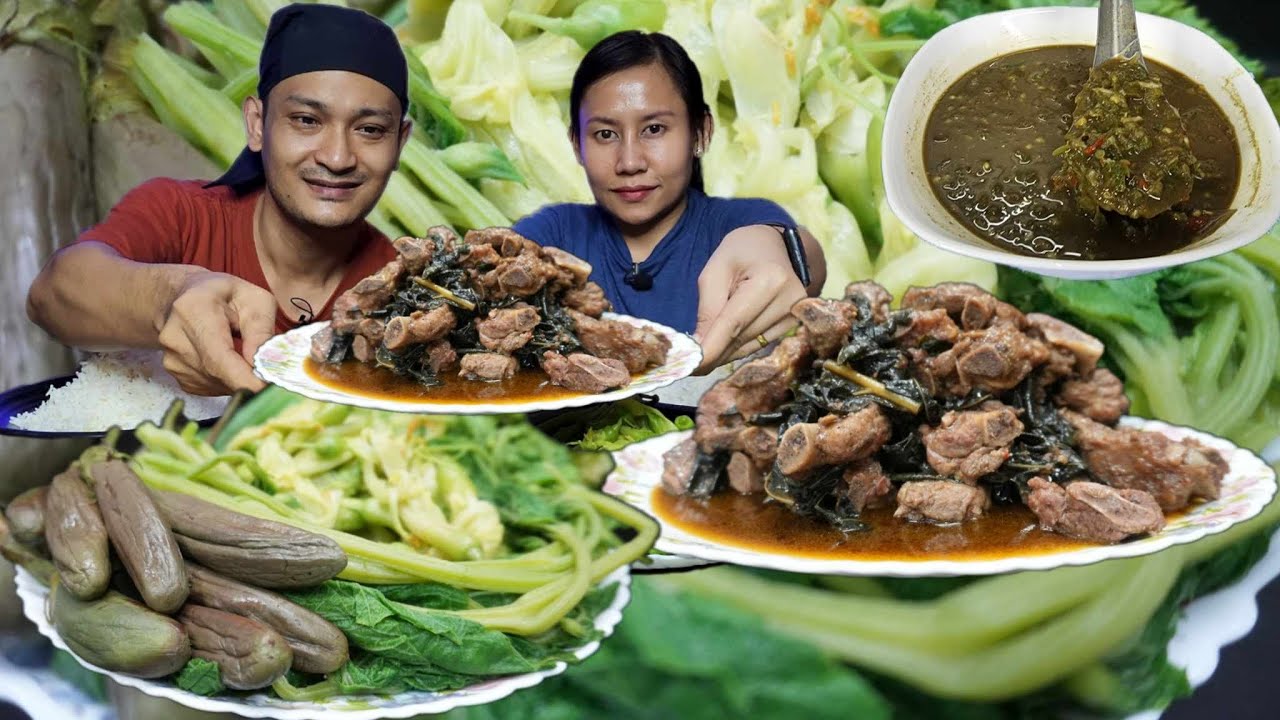 ဆေးဖက်ဝင်ရဲယိုရွက်နဲ့ဝက်နံရိုးဟင်း/ငါးပိရည်တို့စရာအစုံအလင်နဲ့ မြိန်စရာထမင်းဝိုင်း