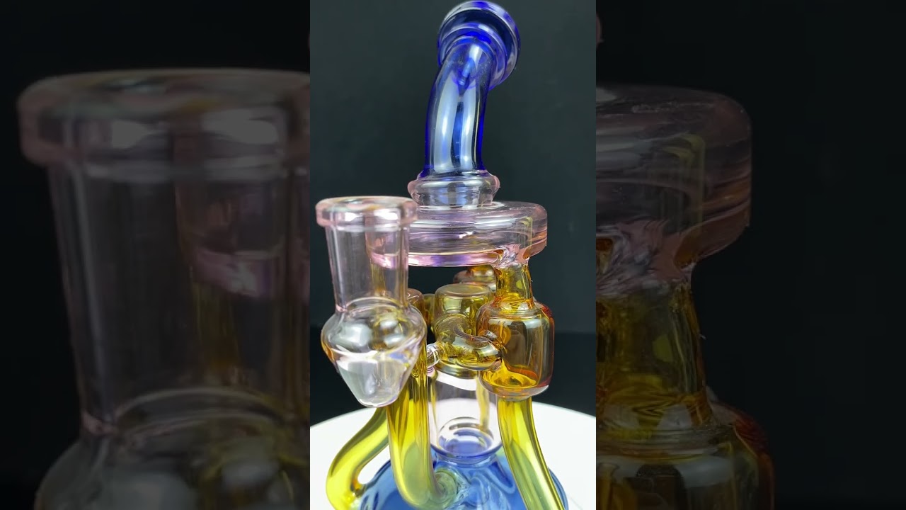 Glass Dab Rigs KR491 9-inch Recycler Oil Rig with Curved Neck & Tire-Style Perc in Multi-Colored