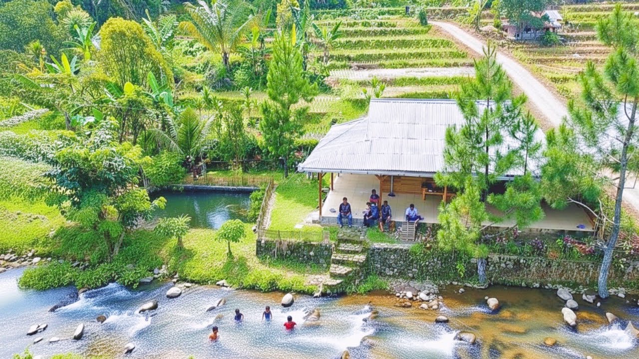 Orang Kota Pasti Tergoda‼️Villa Putih Pinggir Sungai Ada Kolamnya, Berada Di Alam Pedesaan Indah