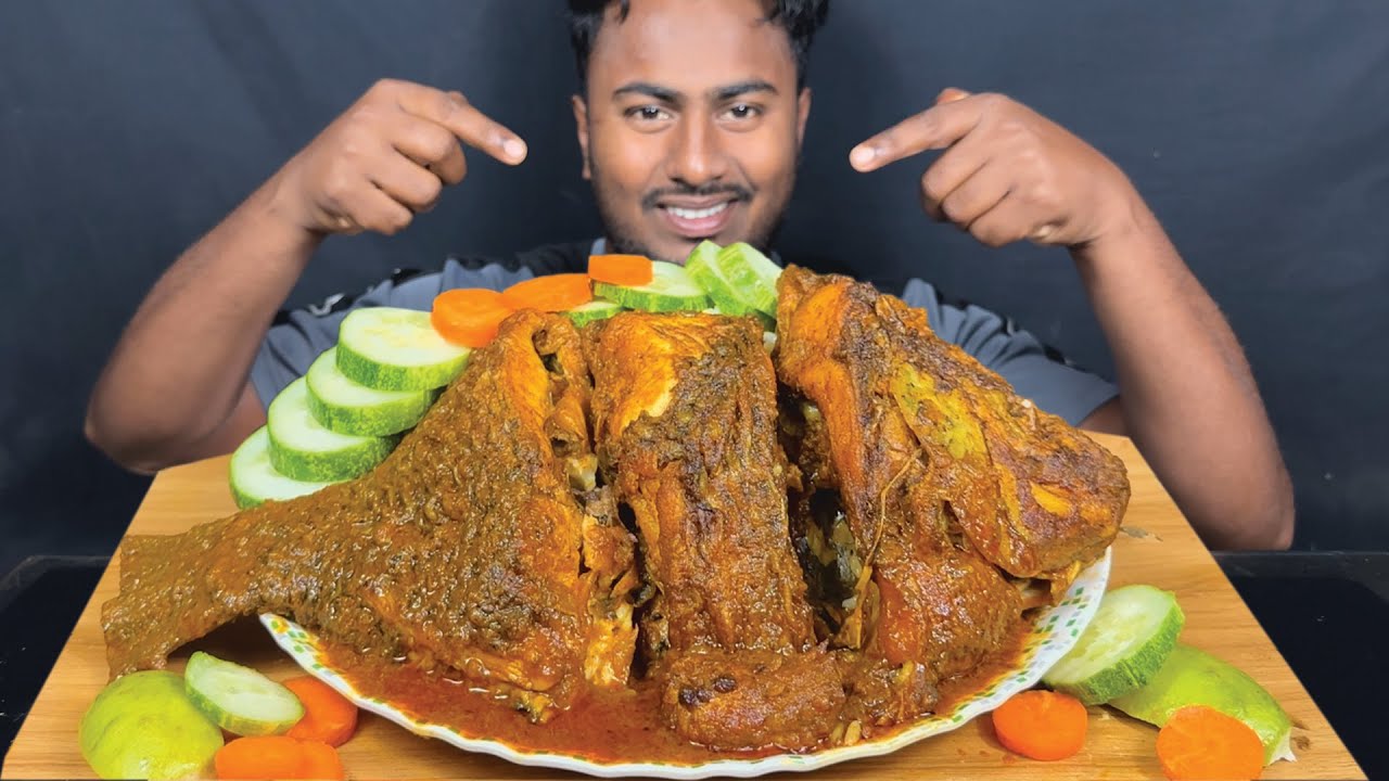 Eating Spicy Big Whole Telapia Fish Curry With Rice Salat || Asmr Eating Mukbong Show