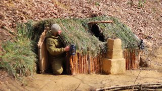 Bushcraft shelter in the woods.  Tree house. Start to finish