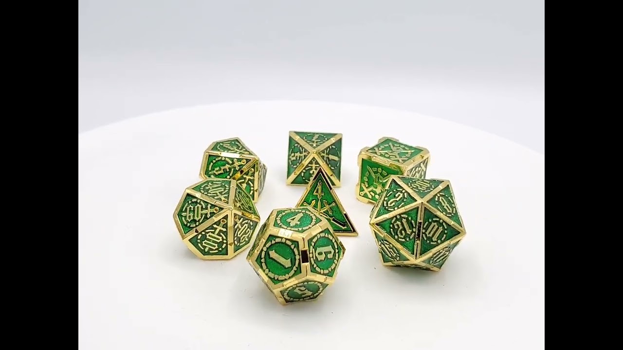 Old School 7 Piece DnD RPG Metal Dice Set: Knights of the Round Table - Green w/ Gold