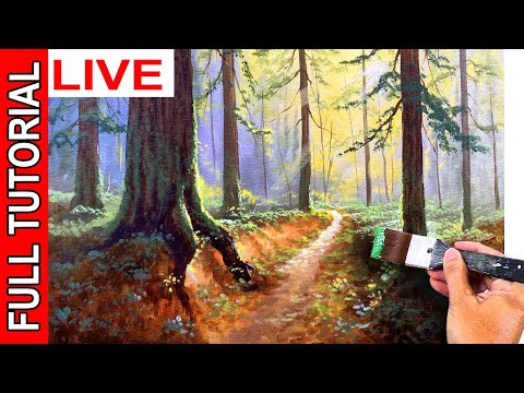 Painting a Forest Path with Detailed Tree Trunks in Acrylics / JMLisondra