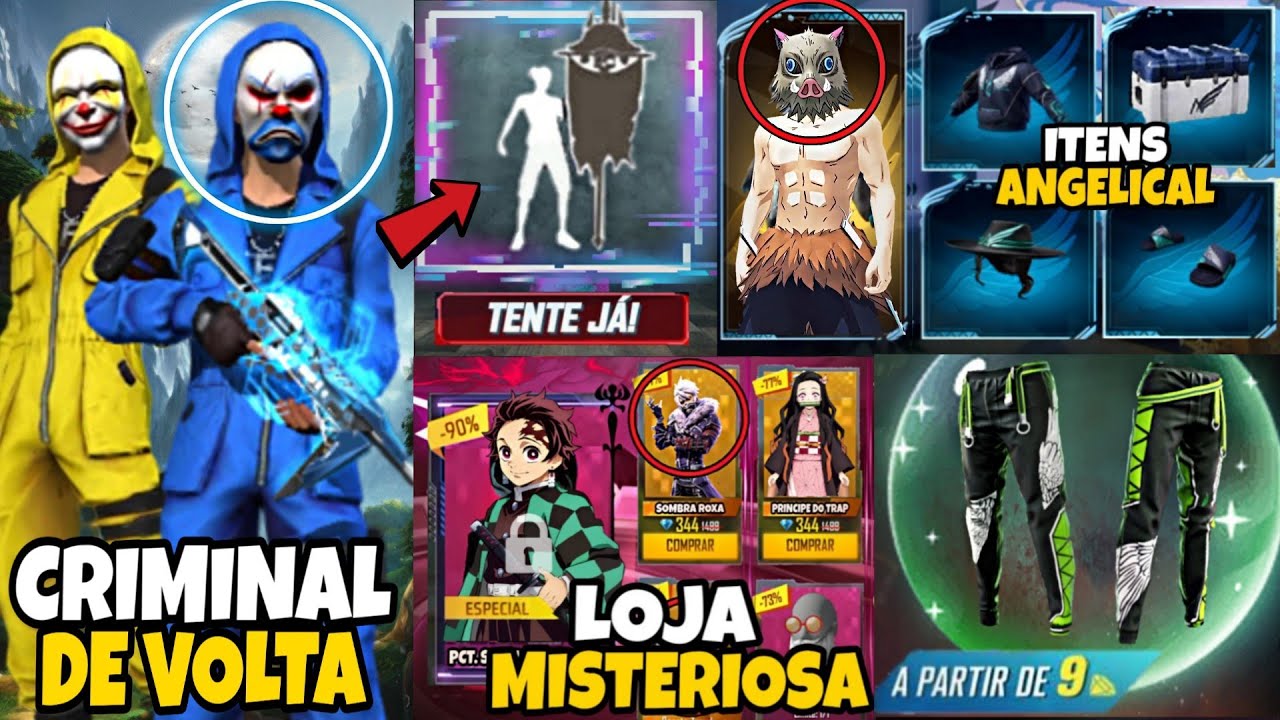 URGENTE!! ITENS DA LOJA MISTERIOSA DEMON SLAYER, TÊNIS ANGELICAL, SOMBRA  ROXA - NOVIDADES FREE FIRE 