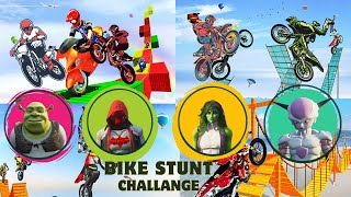 GTA5: Shrek Vs RedHood Vs She Hulk Vs Frieza Bike Stunt.