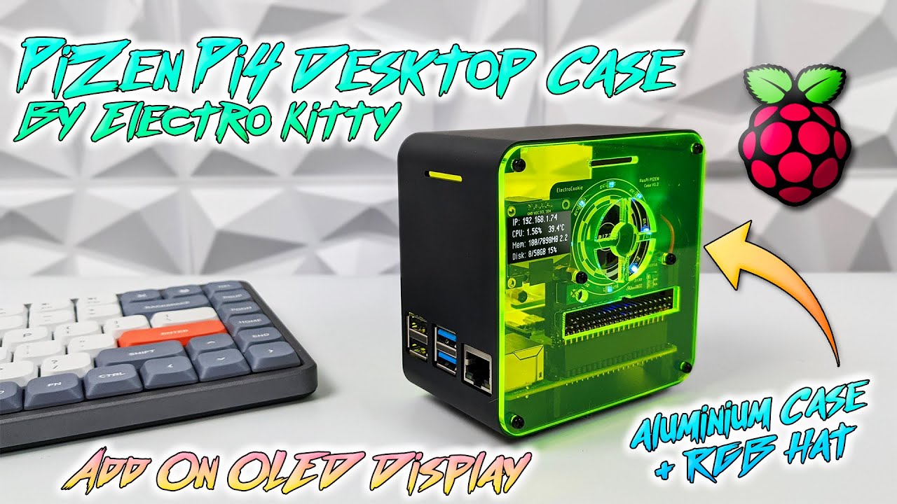 ElectroCookie Raspberry Pi 4 Case, Miniature Desktop Aluminum Case with  Cooling Fan and Color Changing Ambient Light (Matte Black & Neon)