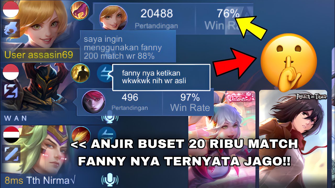 AKU IKUT BERMAIN DI RANDOM LOBY(PART23)REAKSI PUBLIC ON MIC CEWE COWO MELIHAT FANNY 20 RIBU MATCH🤣☠️