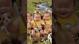 Triple Baby Joy! 🍼 Cute Babies Laughing with Puppies in Paradise 🐶❤️ #shorts #viral #shorts