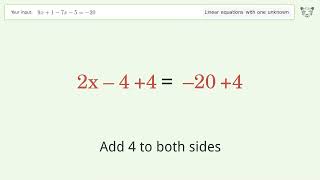 Linear equation with one unknown: Solve 9x+1-7x-5=-20 step-by-step solution