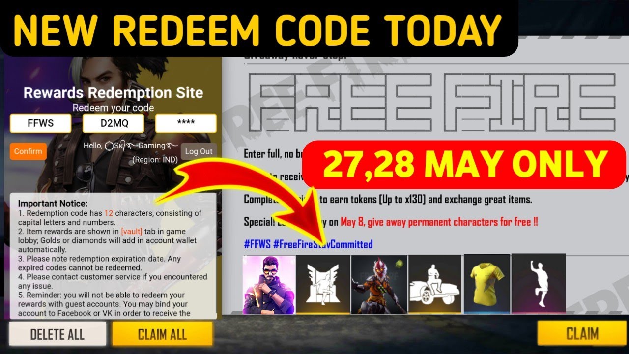FREE FIRE REDEEM CODE TODAY 27 AND 28 MAY | FREE FIRE REDEEM CODE | FF REDEEM CODE TODAY