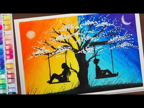 Sunset and Moonlight drawing with oil pastel step by step | วาดรูปวิว กลางวันและกลางคืน