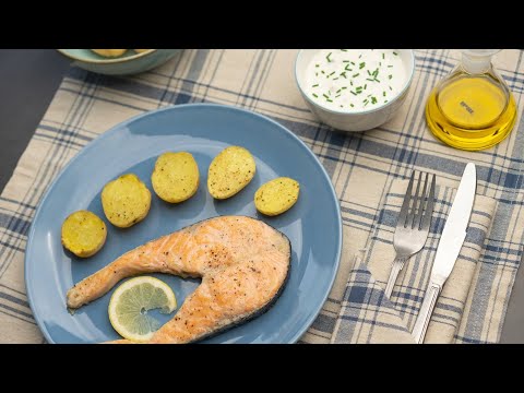 Salmón a la plancha con patatas al microondas