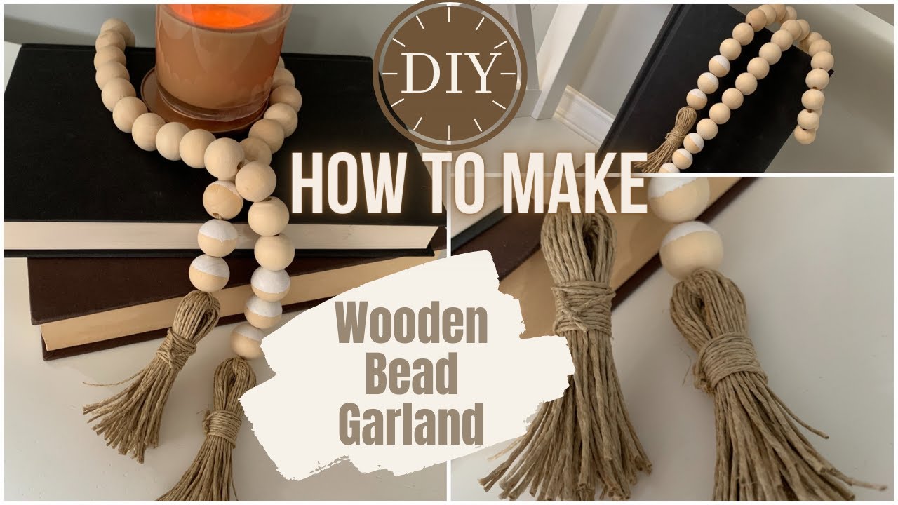  Wood Bead Garland with Tassels Farmhouse Beads Rustic