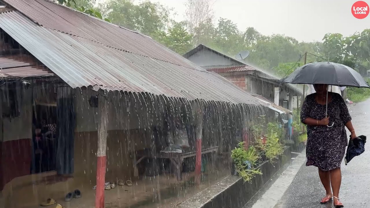Cloudburst Rain-Busy People-Rainy Village Walk