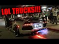 LAMBO OWNER FLEXES ON LIFTED SEMA TRUCKS WITH FLAMETHROWER EXHAUST AT CAR MEET!!!