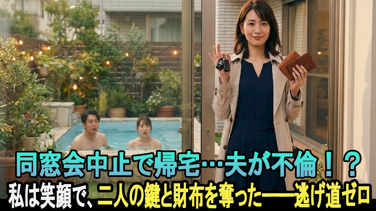 同窓会が中止で帰宅したら、夫が自宅プールで不倫――私は笑顔で、二人の車の鍵と財布を持ち去った。#不倫#スカッとする話