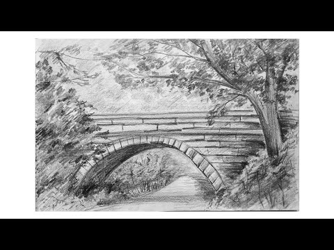 Как нарисовать пейзаж с мостом простым карандашом. Графика.
