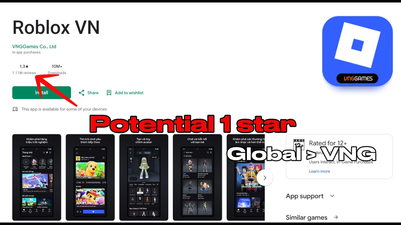 Roblox VNG Situation is Crazy potential "1Stars rating"