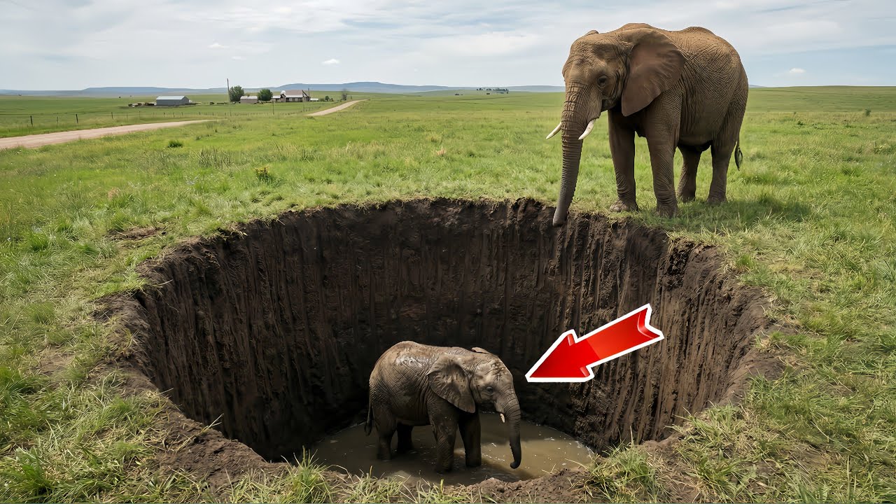 The baby elephant was rescued from a deep pit.😱