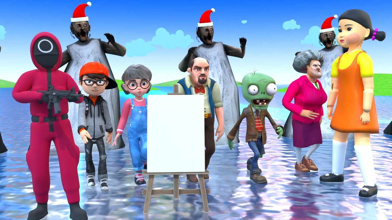 Scary Teacher 3D vs Squid Game Fruit Cart Climbing Wooden Ladder Give a Gift 5 Times Challenge