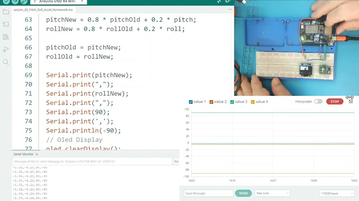 Arduino Uno R4 WiFi, using the Accelerometer to measure Pitch and Roll.