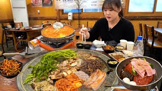 Mukbang🥩 Beef and Samgyeopsal grilled on the big stone plate. Fried rice, Cold noodles.🍜