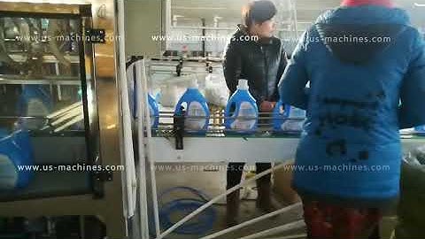 Automatic laundry bottle pail drum liquid filling capping induction sealing machine testing video