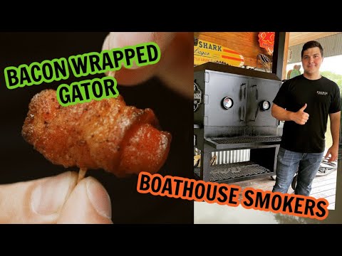 Smoked bacon-wrapped alligator bites with boudin, andouille and spatchcocked chicken, from the video