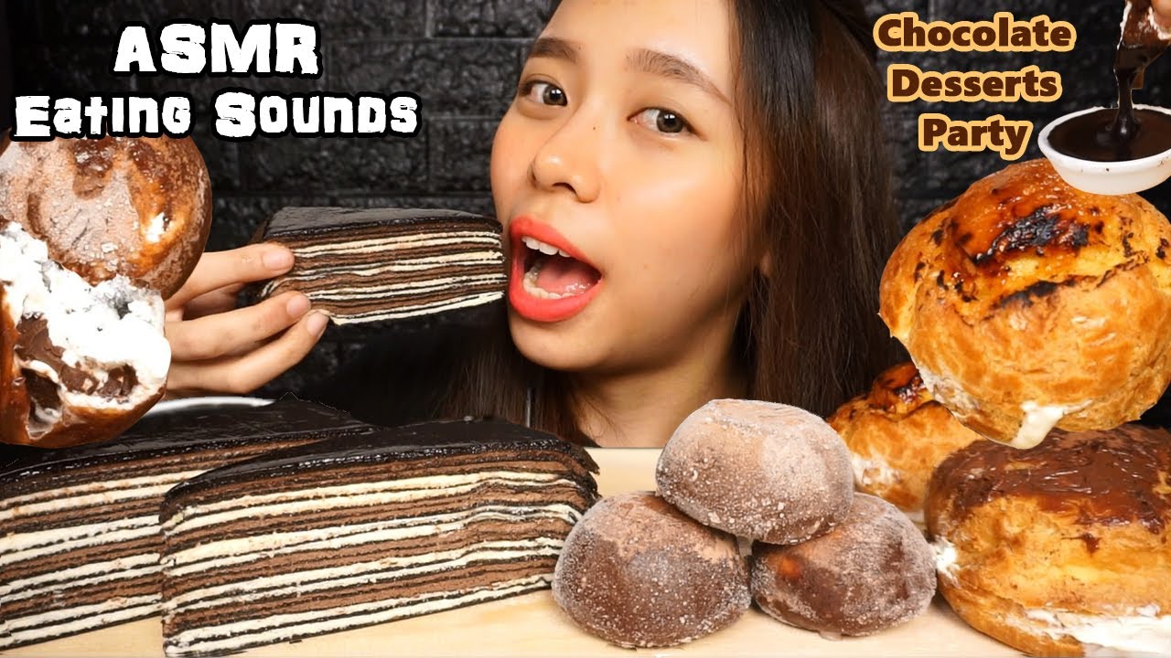 ASMR Pesta Kue Cokelat (Chocolate Crepe Cake, Mochi Ice Cream, Cream Puff) | Eating Sounds