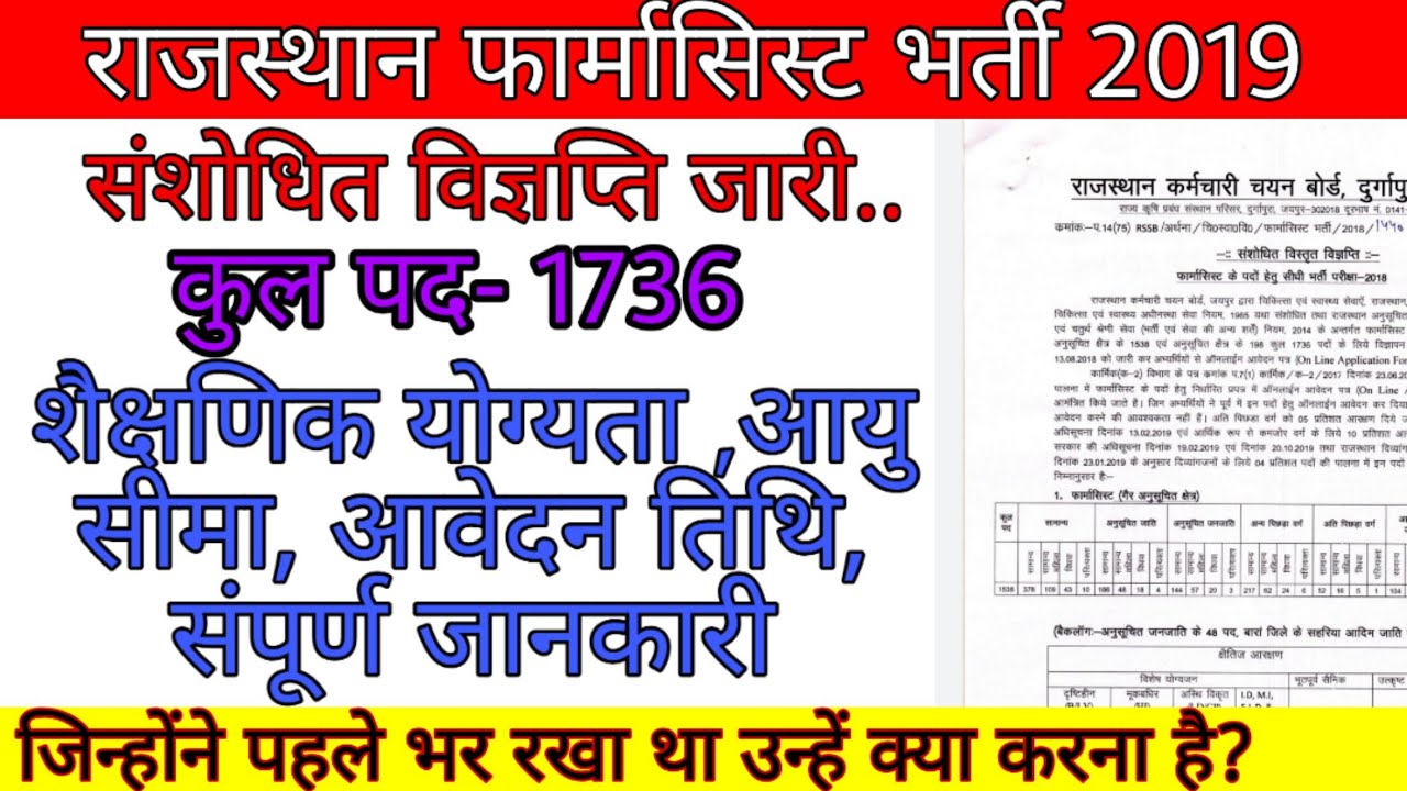 Pharmacist vacancy 2019 | Pharmacist recruitment 2019 | RSMSSB Pharmacist vacancy in Rajasthan 2019