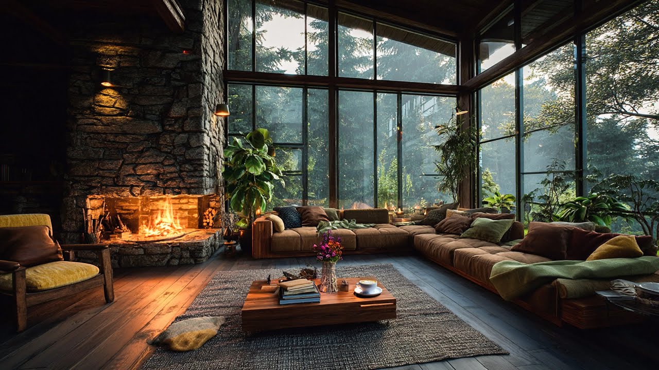Soft Jazz Music in Cozy Cabin Balcony Ambience on Rainy Day - Rain and ...
