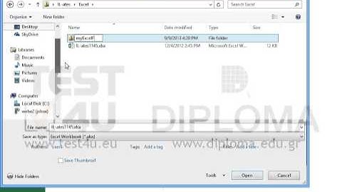 Save the active workbook as mybook1 in a new folder that you will create using myExcelFiles as...