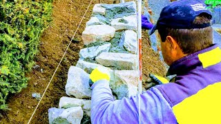 NATURAL STONE RETAINING WALL, DETAIL TIPS ADVICE HOW TO BUILDING TUTORIAL, ROCK MASONRY CONSTRUCTION