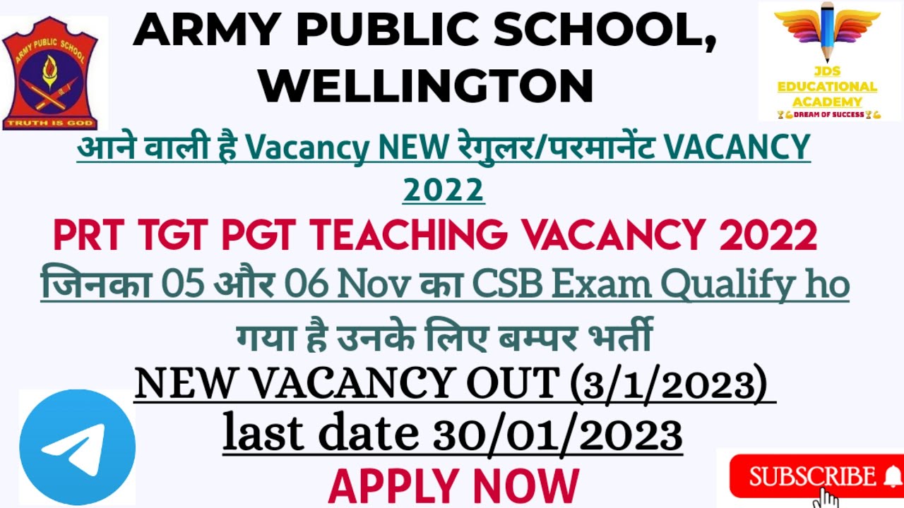 ARMY PUBLIC SCHOOL, WELLINGTON TEACHER REQUIRMENT 2023/APS VACANCY 2023