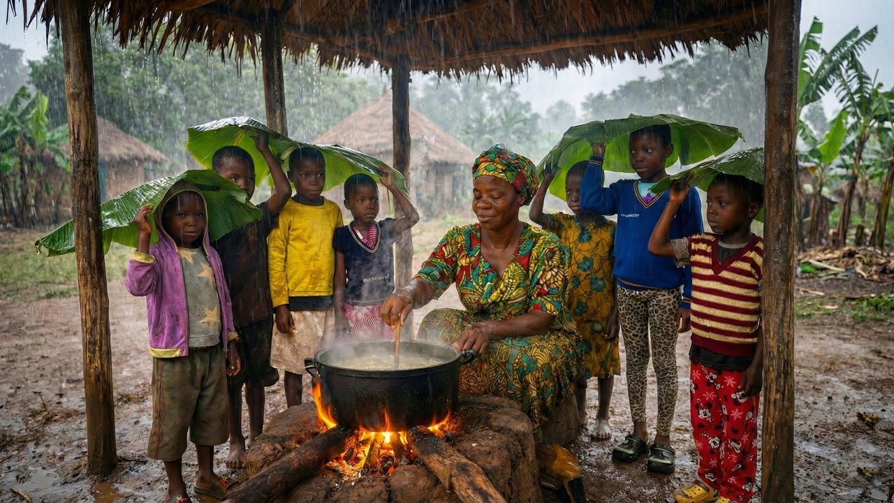 Rainy Day In Our African Village | Mother Braves The Rain To Cook For Her Family