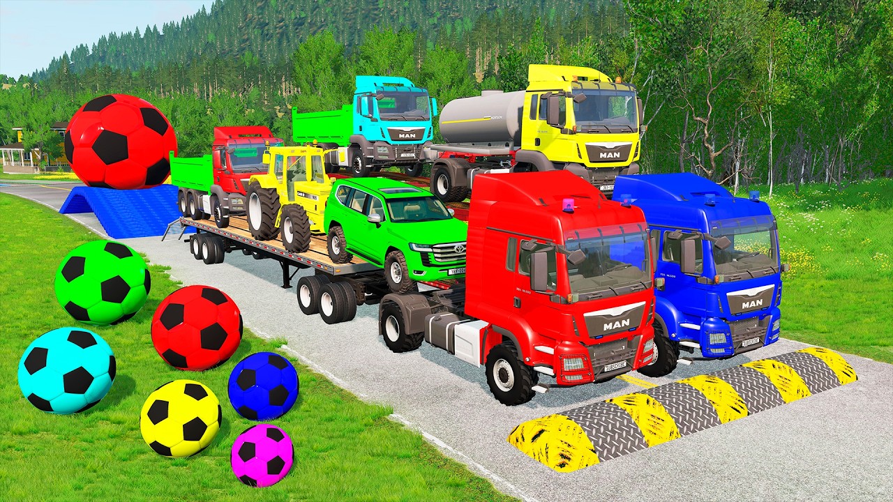 Flatbed Trailer McQueen Transportation with Truck - Speedbumps vs Cars vs Train - BeamNG.Drive #59