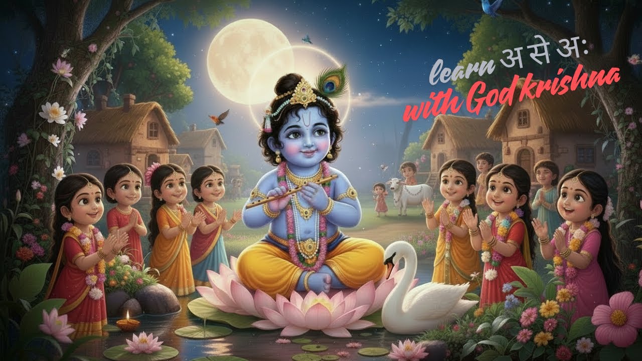 अ से अः तक: Lord Krishna के साथ सीखें अक्षर 🦚🎶🌞🪶 हरे कृष्ण! अ से अः तक बच्चों का ज्ञान और आनंद 🦚🎵”