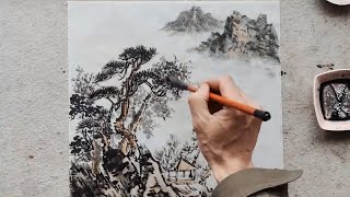 Mountain, cloud, and trees Chinese art painting