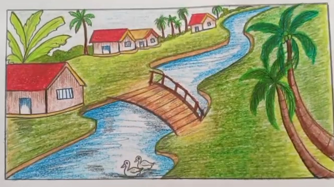 Beautiful Easy Village Scenery Drawing with Pencil Colour.Step by Step Tutorial🏞☝